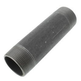 A metal pipe nipple with external threads on a white background.