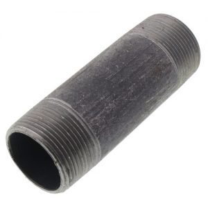 Black metal pipe nipple with external threads on a white background.