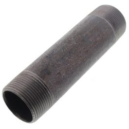 A photograph of an isolated, rusty metal pipe with threaded ends on a white background.