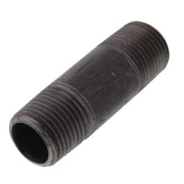 Black threaded metal pipe nipple on a white background.