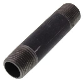 A black metal pipe nipple with external threads on both ends.