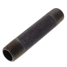 Close-up of a black metal pipe nipple with external threads on a white background.