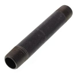 Black metal pipe nipple with external threads on both ends, isolated on a white background.