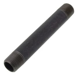 A black metal pipe nipple with external threads on both ends.