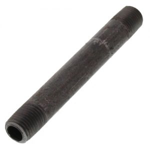 A long, threaded metal pipe with a worn surface isolated on a white background.