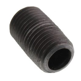 A black hex socket set screw isolated on a white background.