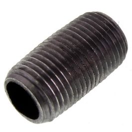 Close-up of a black metal threaded set screw on a white background.
