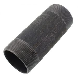 Black steel pipe nipple with external threads on a white background.