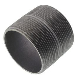 A cylindrical black metal pipe nipple with external threads on a white background.