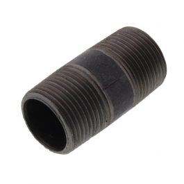 Black metal pipe nipple with external threads on white background.