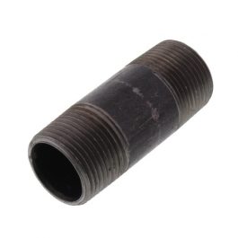 A black metal pipe nipple with external threads on a white background.