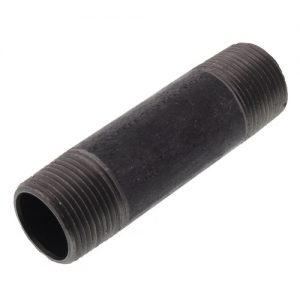 Black steel pipe nipple with external threads on a white background.