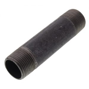 Black metal pipe nipple with external threads on a white background.