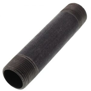 A black metal pipe nipple with external threads on a white background.