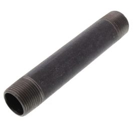 Black metal pipe nipple with external threading on a white background.