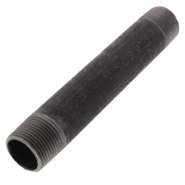 Close-up of a black metal threaded pipe nipple on a white background.