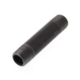 Black metal pipe nipple with threaded ends on a white background.