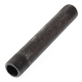 A black steel pipe nipple with threaded ends on a white background.