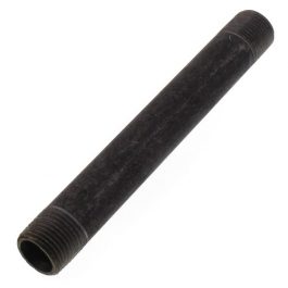 Black threaded metal pipe on a white background.