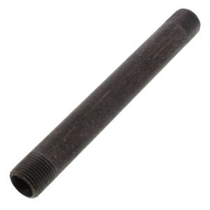 A metal threaded rod with a dark patina against a white background.