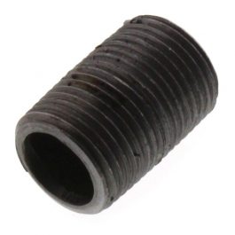 Close-up of a black metal set screw with external threading on a white background.