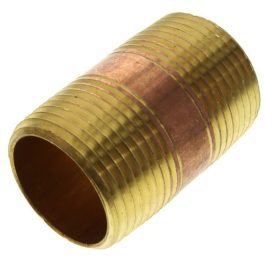 Brass threaded pipe coupling isolated on a white background.