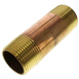 A brass pipe nipple with external threads isolated on a white background.