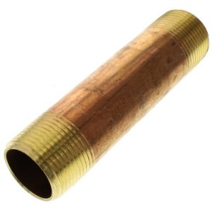 Brass pipe nipple with threaded ends for plumbing connections.