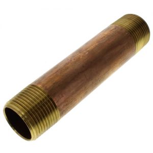 Brass pipe nipple with male threads on both ends, isolated on a white background.