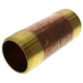A brass threaded pipe coupling isolated on a white background.