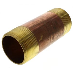 Brass threaded pipe coupling on a white background.
