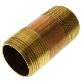 Brass threaded pipe coupling on a white background.