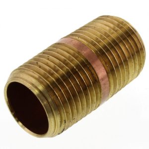 Brass pipe nipple with threaded exterior for plumbing connections.