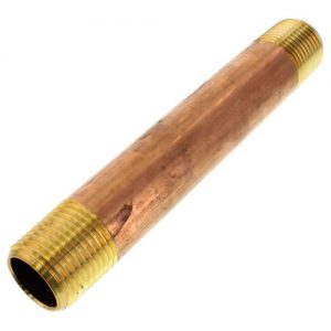 A brass pipe nipple with threaded connections on both ends for plumbing.