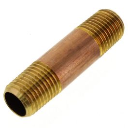 Brass threaded pipe nipple for plumbing on a white background.