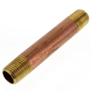 Copper pipe nipple with threaded ends on a white background.