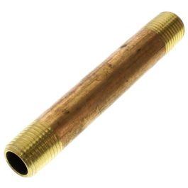 Brass pipe nipple with threaded ends on a white background.