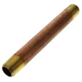 A copper pipe nipple with threaded ends on a white background.