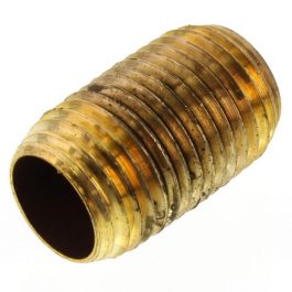 Alt-text: An old, tarnished brass threaded pipe coupling isolated on a white background.
