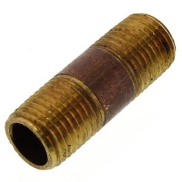 Brass threaded pipe nipple on a white background.