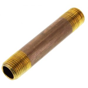 A brass threaded pipe nipple with male connections on white background.