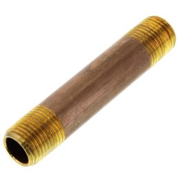 A brass threaded pipe nipple for plumbing on a white background.