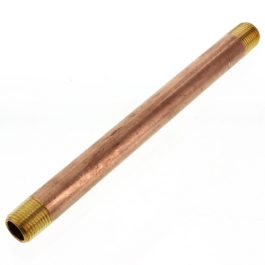 Copper pipe with threaded brass connectors on a white background.