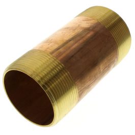 A brass pipe coupling with threaded exterior on a white background.