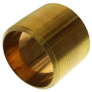 Brass pipe coupling with threaded interior on a white background.