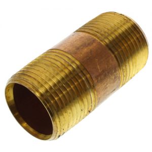 A cylindrical brass pipe nipple with threaded exterior on a white background.
