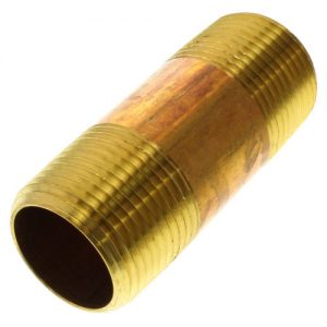 Brass threaded pipe coupling on a white background.