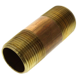 Brass pipe nipple used for plumbing on a white background.