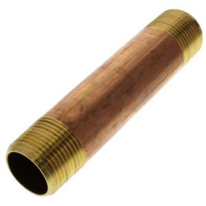 Cylindrical brass pipe nipple with threaded ends on a white background.