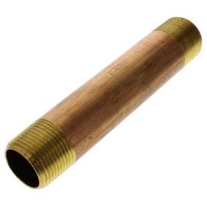 Brass pipe nipple with threaded ends on white background.